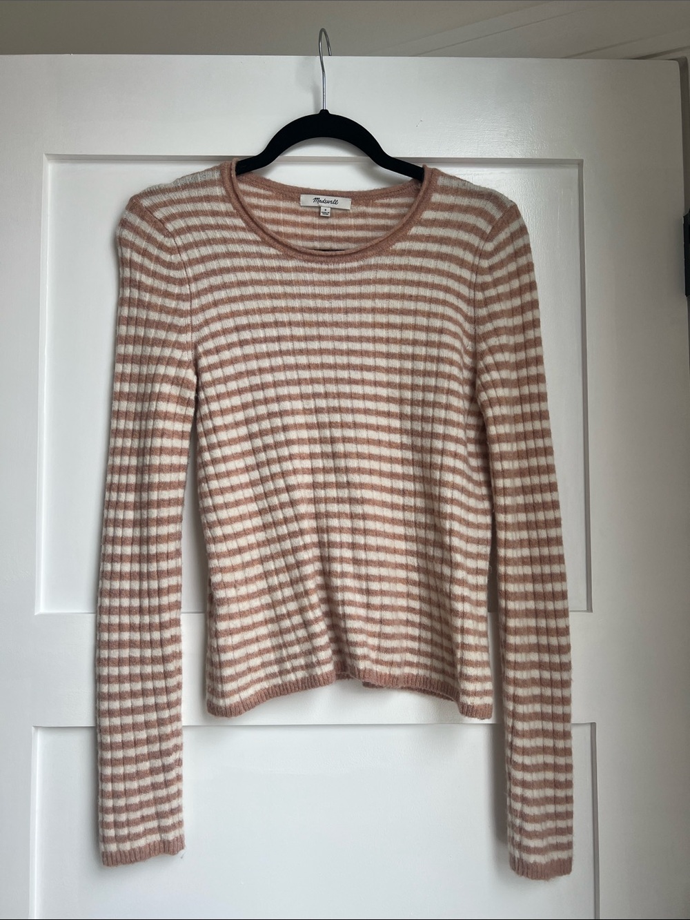 Madewell Cream and Light Brown Striped Crewneck Sweater